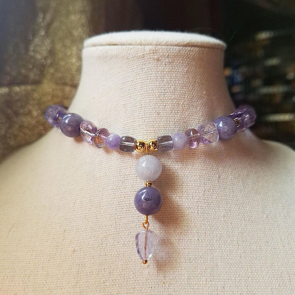 Lilac Aquamarine, Fluorite & Angelite Lariat Choker - 24k Gold Stainless Steel